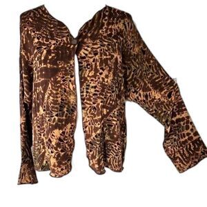 Naoka Clothing Silk Sheer Brown Gold Batik Print Flowing Fit Cardigan Bolero